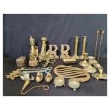 Brass candlesticks, figures, trinket boxes etc