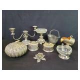 Box of silver plate ware candelabra, punkin