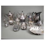 Group of silver plate teapot, cream, sugar,
