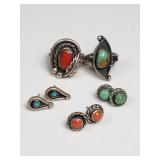 Silver, turquoise, and coral earrings and ring
