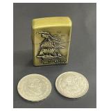 Group of Mexican silver coins and ship lighter