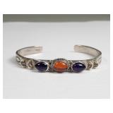 Sterling silver, amethyst, and amber cuff bracelet