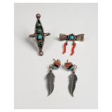 Silver, turquoise, and coral feather earrings,