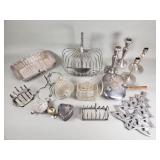 Box of silver plate candle stick, silent butler,