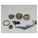 Group of eight sterling silver rings & pins