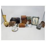 Group of metal, wood, & leather trinket boxes,