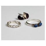 Silver garnet, lapis lazuli rings and earrings