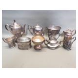 Group of silver plate teapots, bowl, creamer