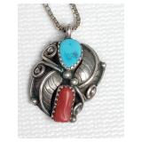 Sterling silver, turquoise, and coral pendant on