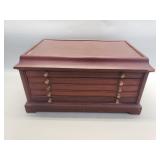 Vintage wood jewelry box with multiple drawers