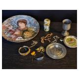 Vintage costume jewelry, pewter, Edna Hibel plate