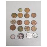 Group of wheat pennies, 2 silver foreign coins