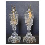 2 matching antique glass whale oil lamps