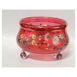 Moser cranberry footed bowl with hand painted