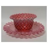 Cranberry opalescent hobnail glass bowl and