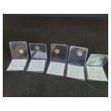 Five foreign toy money coins / tokens circa