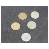 Five foreign toy money- coins/tokens