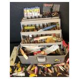 Large lot vintage fishing lures, tackle box,