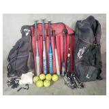 Softball and baseball bats, softballs,