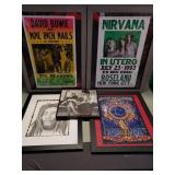 Framed concert posters and miscellaneous art
