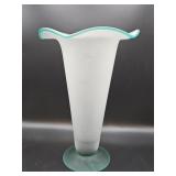 Frosted satin and teal art glass trumpet vase