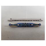 Sterling silver bar brooch blue and green enamel
