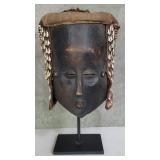 Raffia Kuba carved wood adorned mask on metal