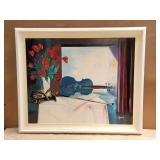Signed Devi silk screen "Violon et masque"