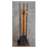 Mid-century oak and brass fireplace tool set