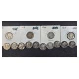 Group of 14 Mercury silver dimes;  1916, 1917,