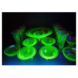 17pc uranium glass rose pattern depression glass