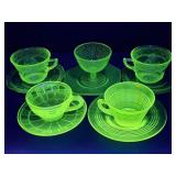 10pc vintage uranium glass cups & saucers 5 sets