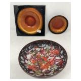 Three vintage copper and enamel trinket dishes