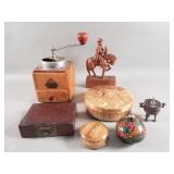 Box of misc wood figurine, trinket box, vintage