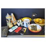 Vintage items: beer stein, Big Dog mug, model cars