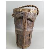 Vintage hand carved wood and brass bucket with