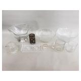 Group of glass bowls, tray, and mugs