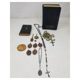 Group of vintage religious items; rosary, m