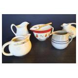 4 vintage teapots, 1 Christmas mixing bowl