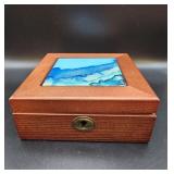 Wood jewelry box with hand painted abstract tile