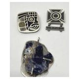 Group of sterling brooches and lapis pendant