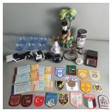 Ceramic monkey figurine, signed shot glasses,