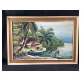 Signed oil on canvas depicting a tranquil beach