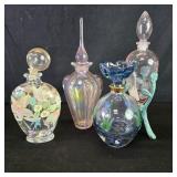 4 hand blown art glass perfume bottles