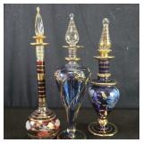 3 vintage hand blown painted perfume bottles