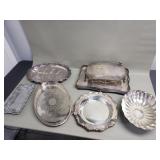 Group of silver plate trays and serving dishes