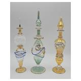 Three Egyptian hand blow art glass perfume bottles