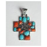 Silver, turquoise and coral cross pendant