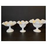 3 vintage Fenton hobnail milk glass compotes