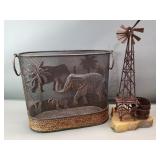 Rustic wire art sculpture and metal basket